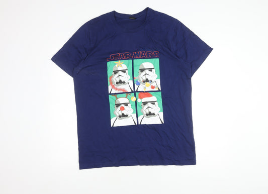 Front view of Star Wars Men's Large Blue Christmas Stormtrooper T-Shirt