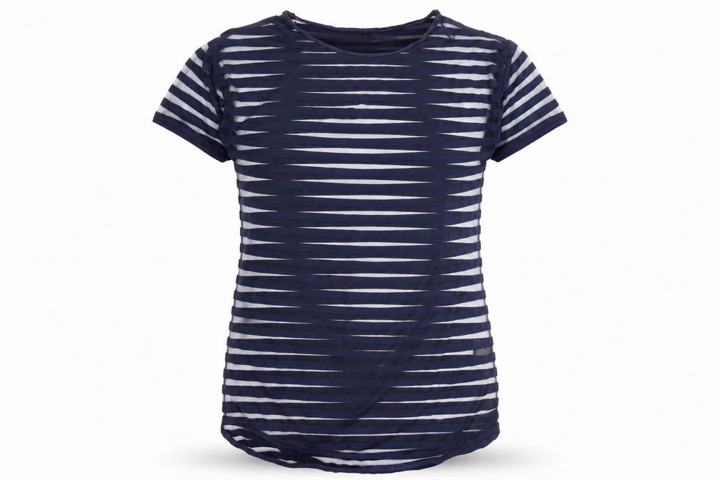 Front view of Next Women's Blue Striped T-Shirt -, size 8, - Chic Casual Staple