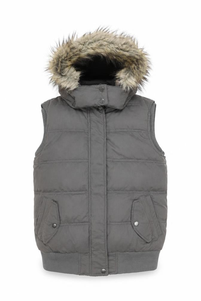 Front view of FatFace Women's Grey Puffer Waistcoat, size 10