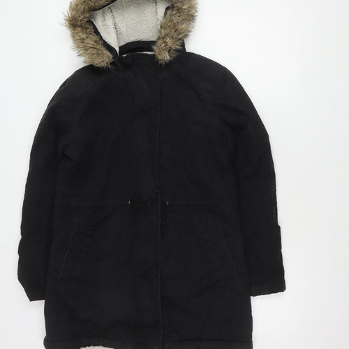 GAP Women's Black Parka Coat S Hooded Fur Trim