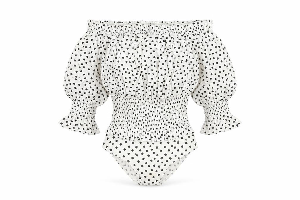 Front view of Zara Women White Polka Dot Bodysuit, size 12