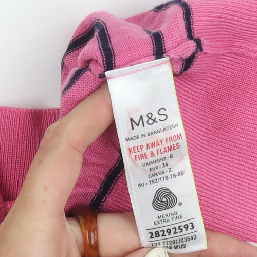 Marks and Spencer Women's Pink Striped Roll Neck Jumper