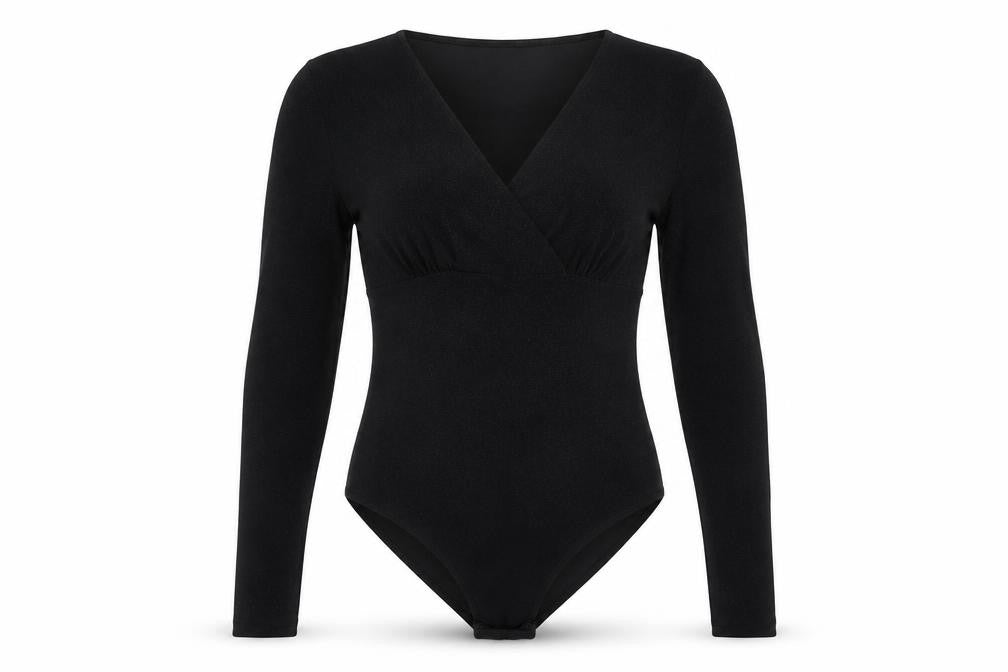 Front view of Kiabi Women's Black Wrap Bodysuit, size M