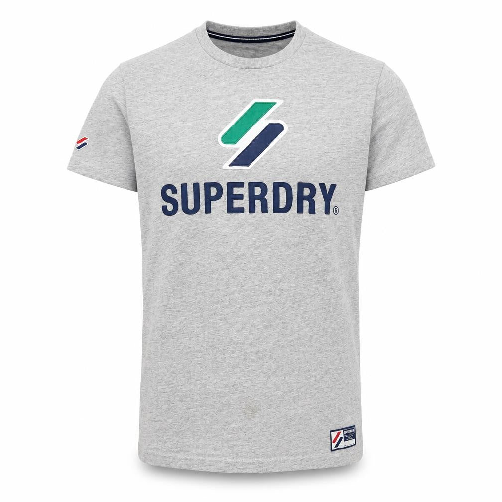 Front view of Superdry Men's Grey Logo T-Shirt Small Short Sleeve