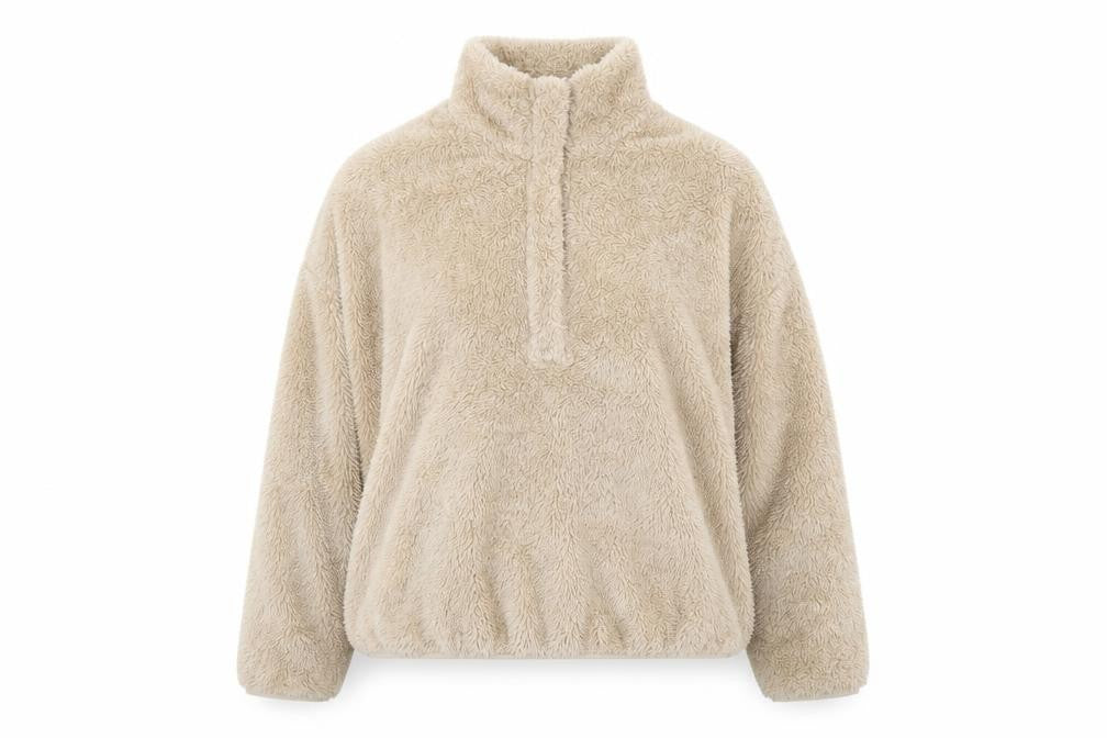 Front view of H&M Women's Beige XL Pullover Sweatshirt, Fleece, Zip Neck