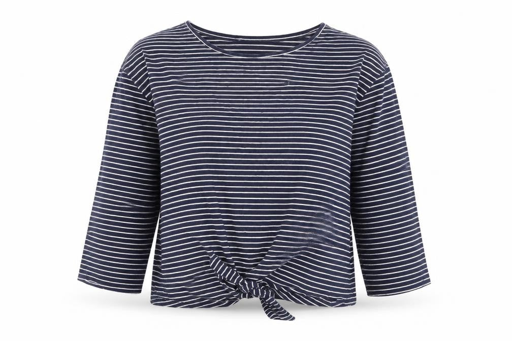 Front view of Warehouse Women's Blue Striped T-Shirt, size 14