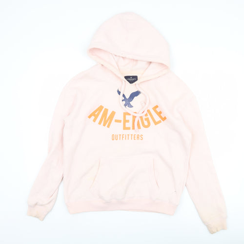 American Eagle Women's Pink Hooded Graphic Pullover M