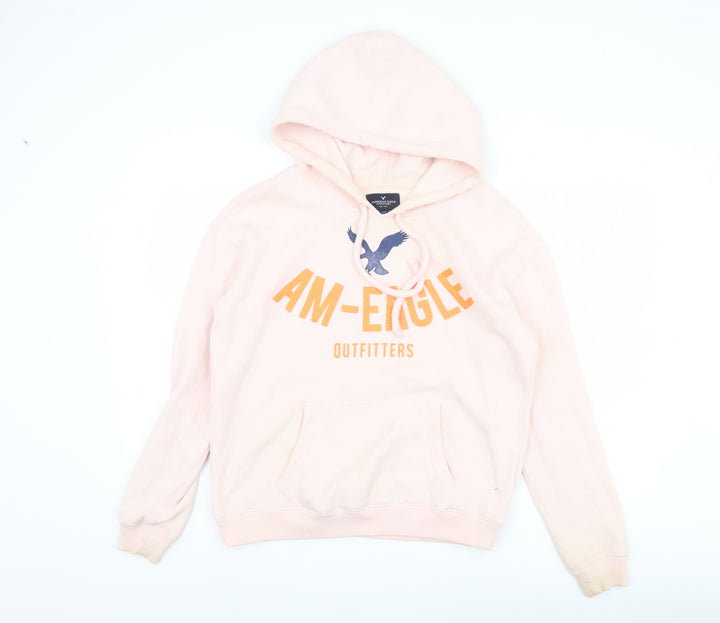 American Eagle Women's Pink Hooded Graphic Pullover M
