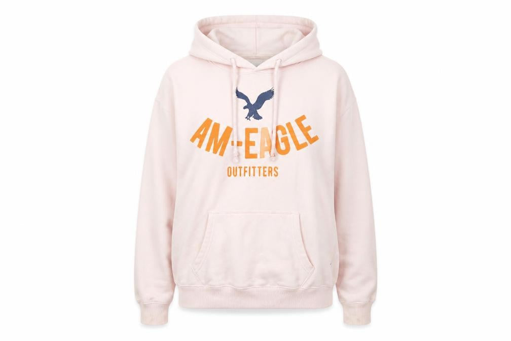 Front view of American Eagle Women's Pink Hooded Graphic Pullover M