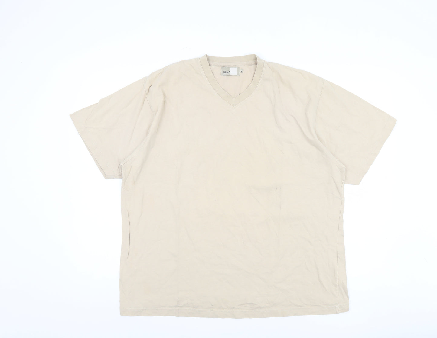 Zantos Beige V-Neck Cotton Men's L T-Shirt