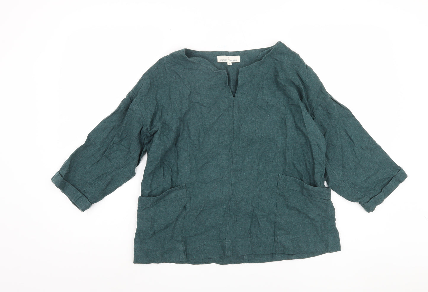 Seasalt Cornwall Women's Green Linen Blend Blouse 3/4 Sleeve