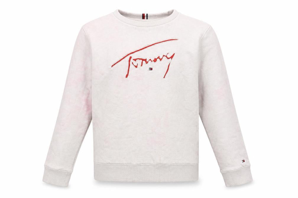 Front view of Tommy Hilfiger girls’ beige embroidered pullover sweatshirt 152