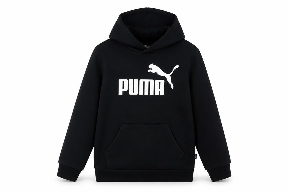 Front view of Puma boys’ black graphic hoodie 12 years