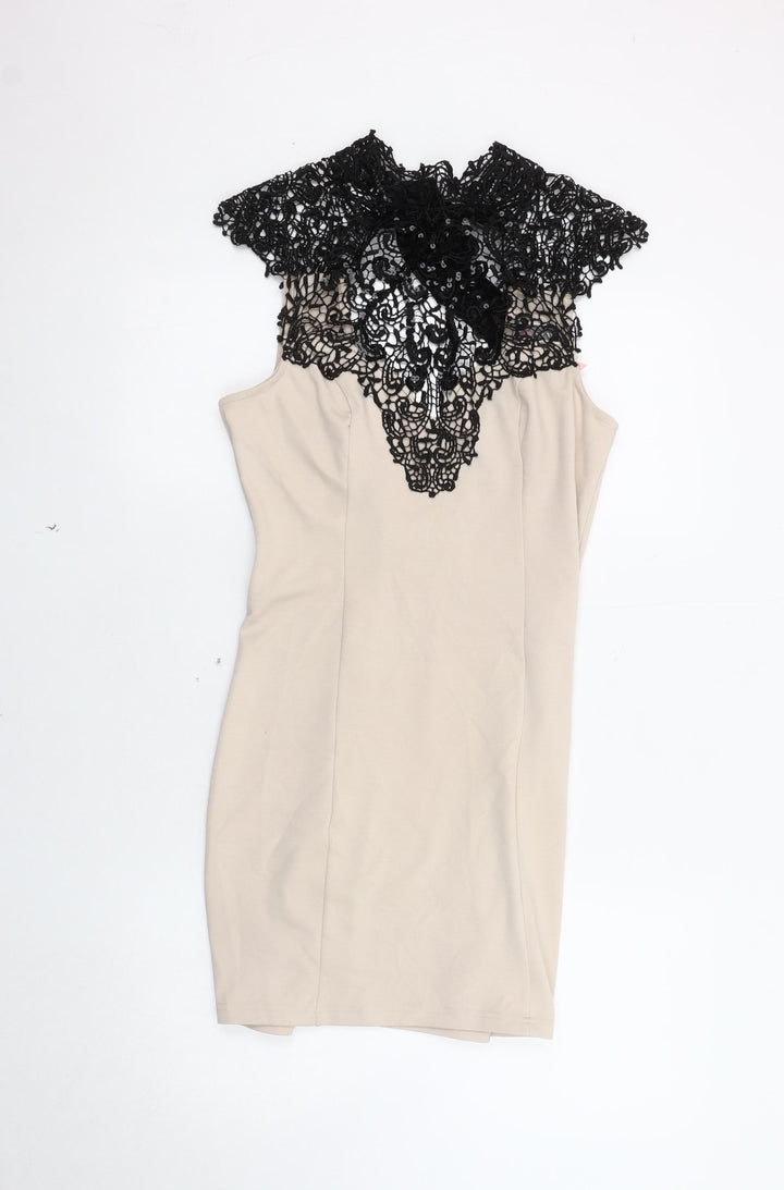 Lipsy Women's Beige Lace Bodycon Dress Size 14