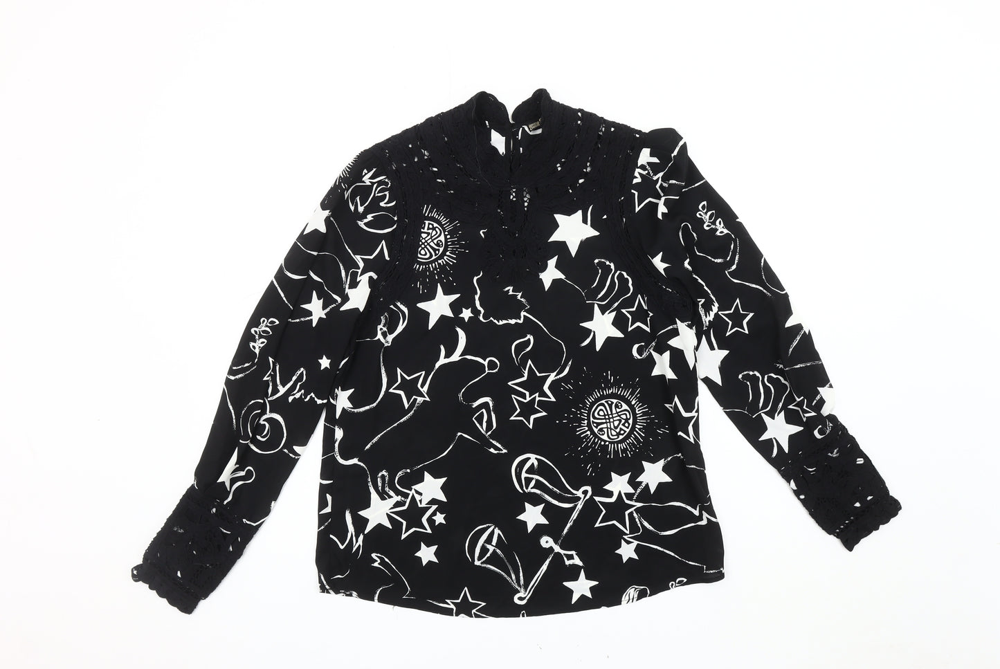BIBA Women's Black Star Print High Neck Blouse, Size 10