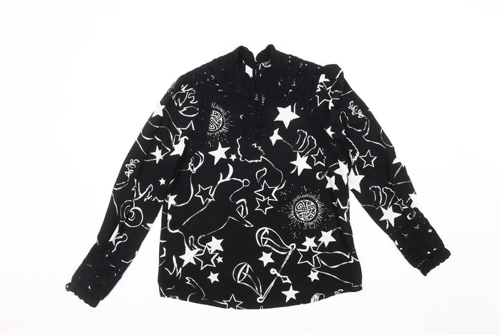 BIBA Women's Black Star Print High Neck Blouse, Size 10