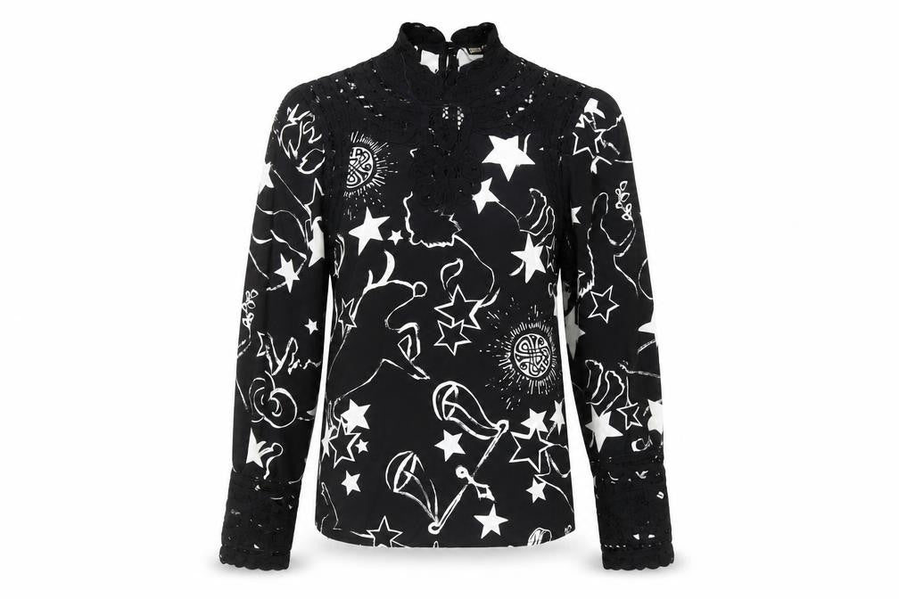 Front view of BIBA Women's Black Star Print High Neck Blouse, size 10