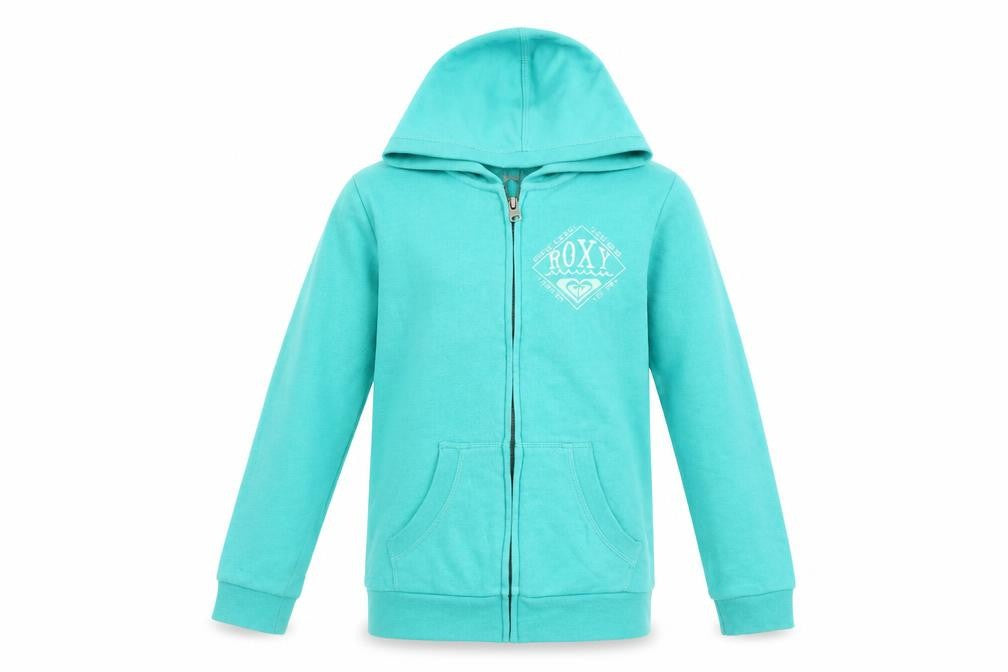 Front view of Roxy girls’ blue hooded jacket -, size 10, winter favourite