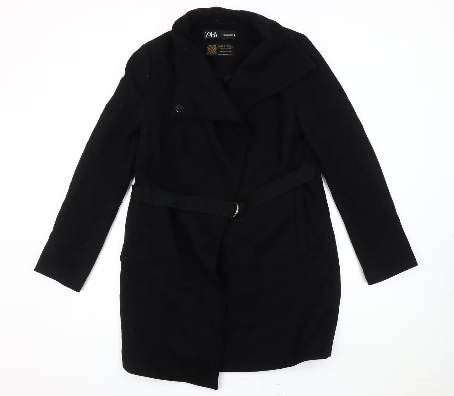 Zara Women's Black Wool Blend Belted Overcoat XS