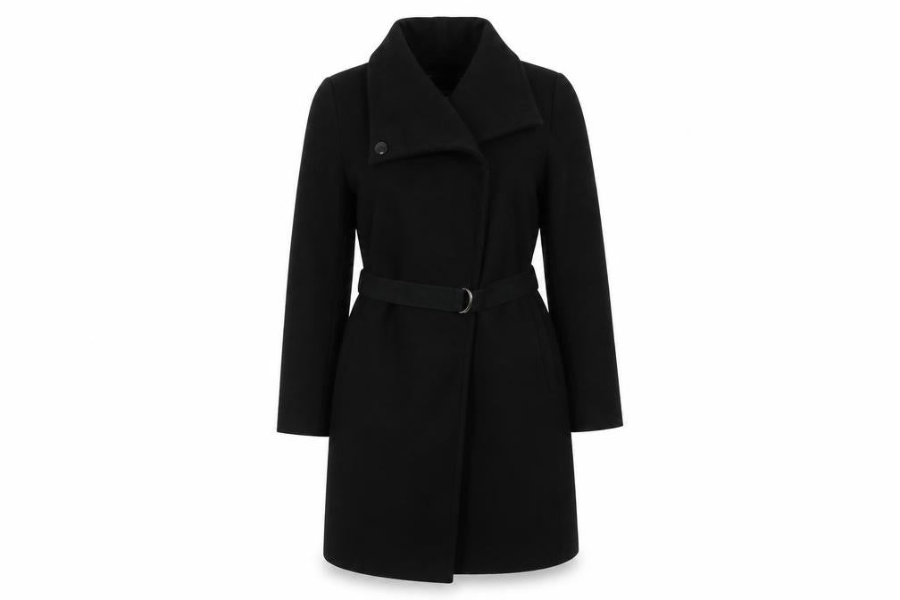 Front view of Zara Women's Black Wool Blend Belted Overcoat XS