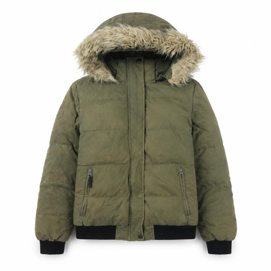 Front view of DLX Women's Green Puffer Jacket, size 10
