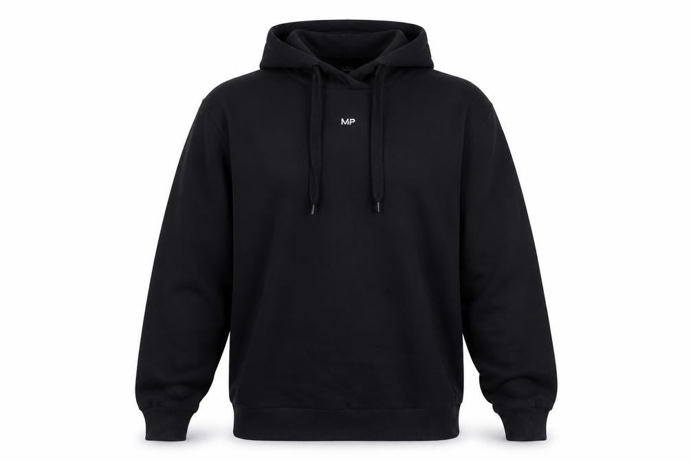 Front view of Myprotein Men's Black Pullover Hoodie with Logo