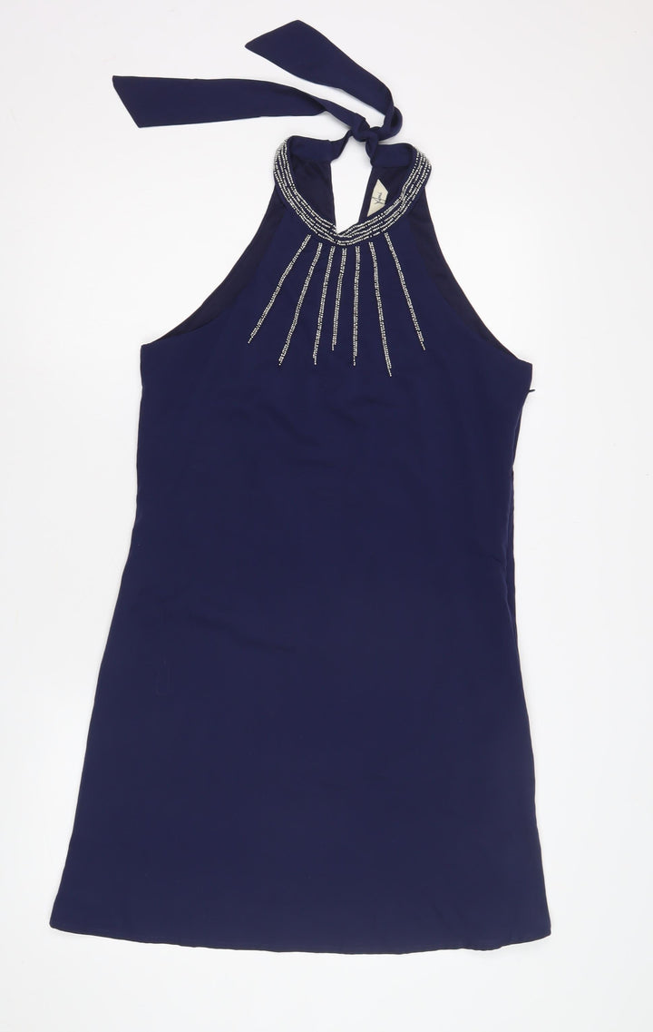 Yumi Women's Blue Halter Dress Size 12 Beaded Party