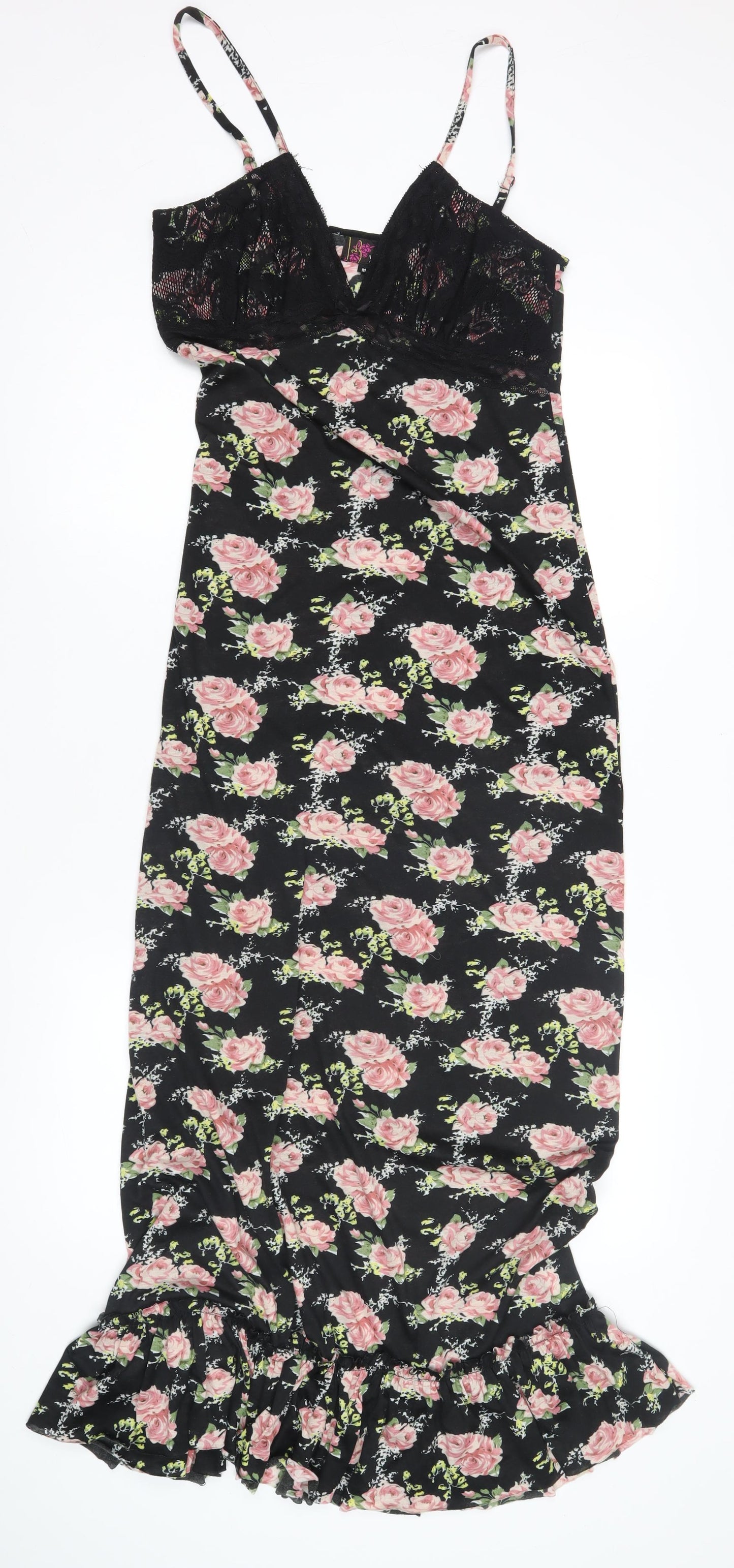 Yumi Women's Black Floral Slip Dress - Size M, Lace Accents