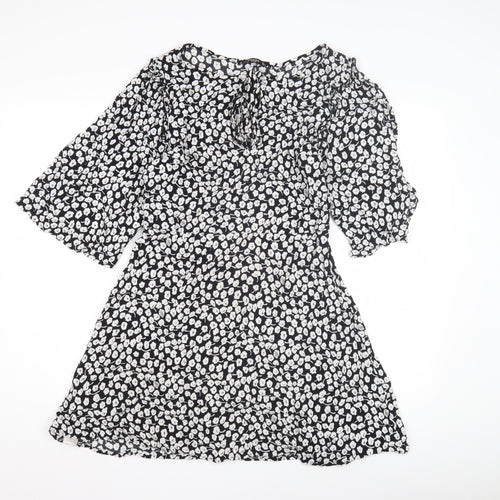 Mango Women's Black Floral Dress Size 12 Flared Sleeves