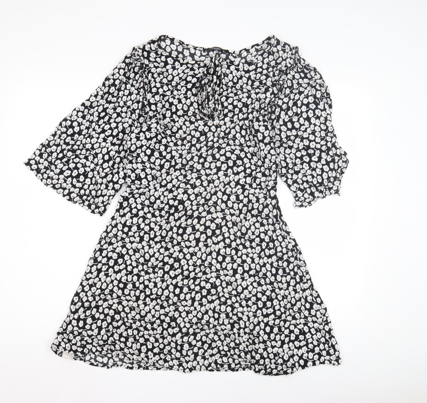 Mango Women's Black Floral Dress Size 12 Flared Sleeves