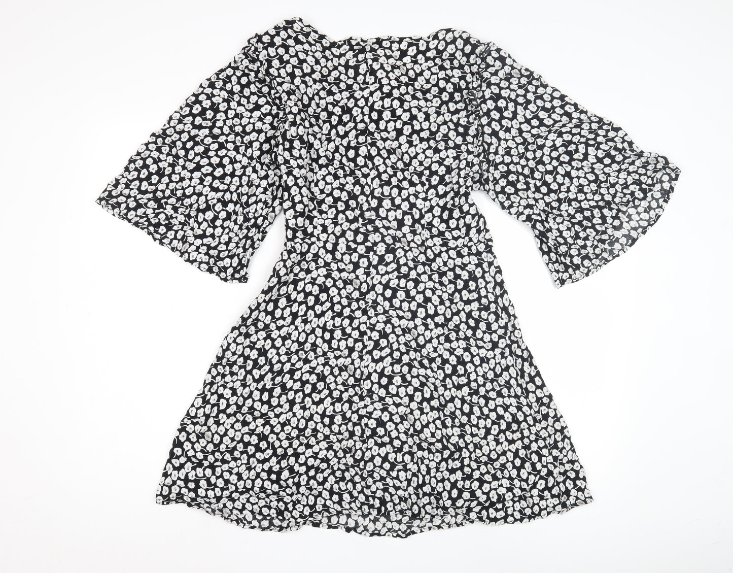 Mango Women's Black Floral Dress Size 12 Flared Sleeves