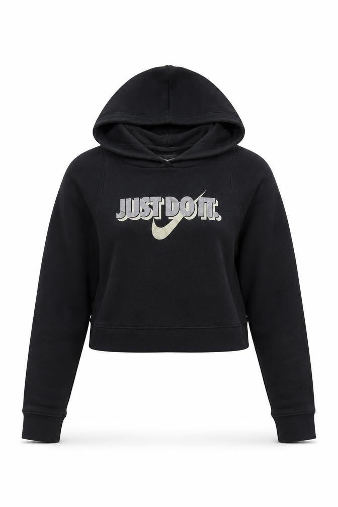 Front view of Nike girls’ black logo hoodie l pullover activewear