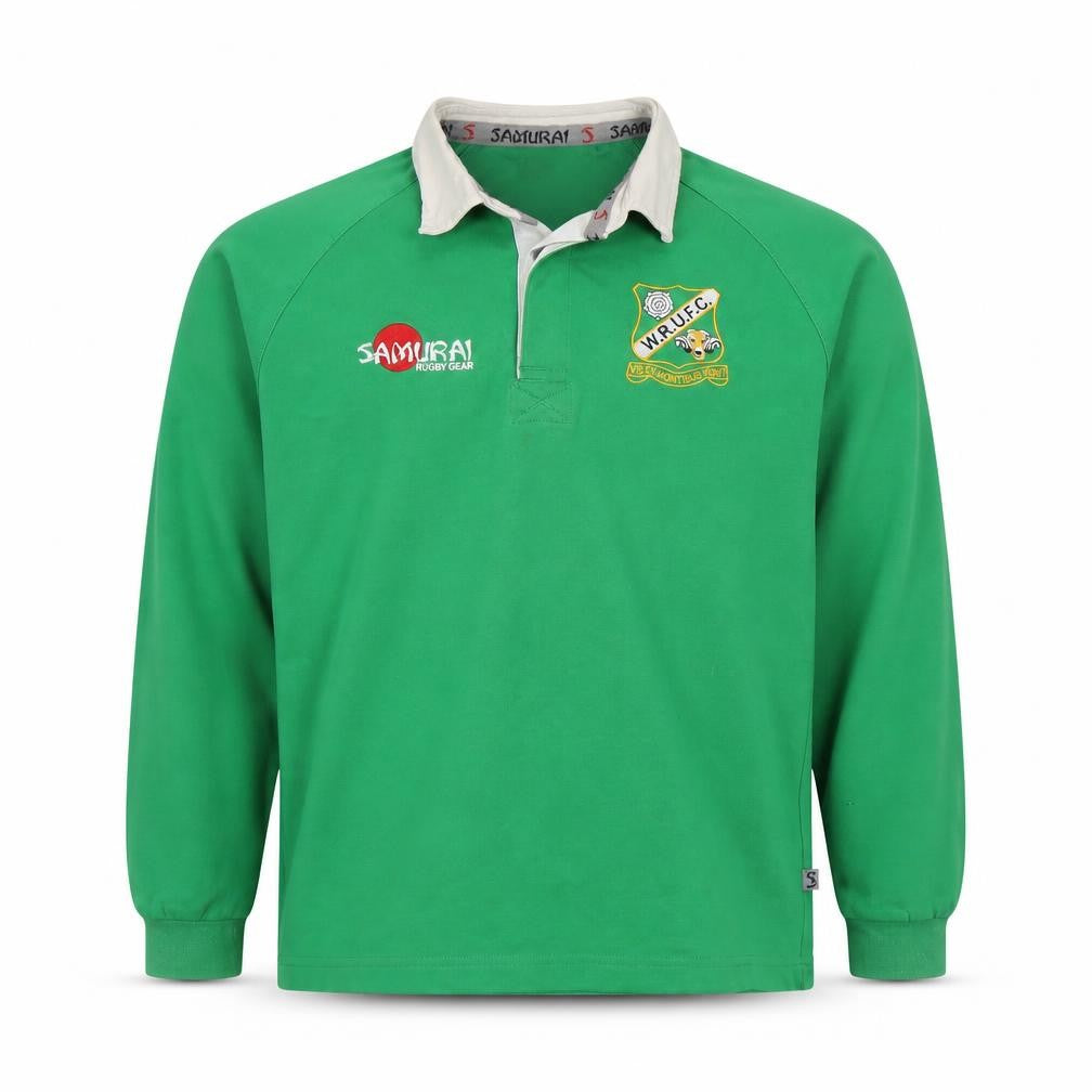 Front view of Samurai boys’ green rugby top, size S, long sleeve cotton blend