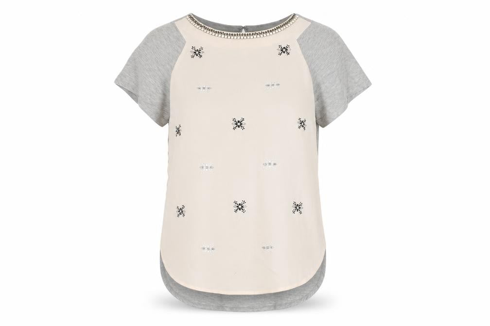 Front view of Warehouse Women's Grey Beaded Short Sleeve Top