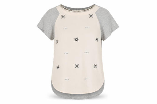 Front view of Warehouse Women's Grey Beaded Short Sleeve Top