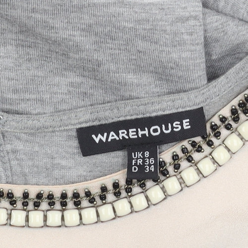 Warehouse Women's Grey Beaded Short Sleeve Top