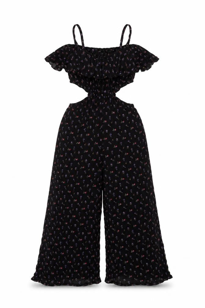 Front view of Kimchi Blue Women's Black Floral Jumpsuit XS