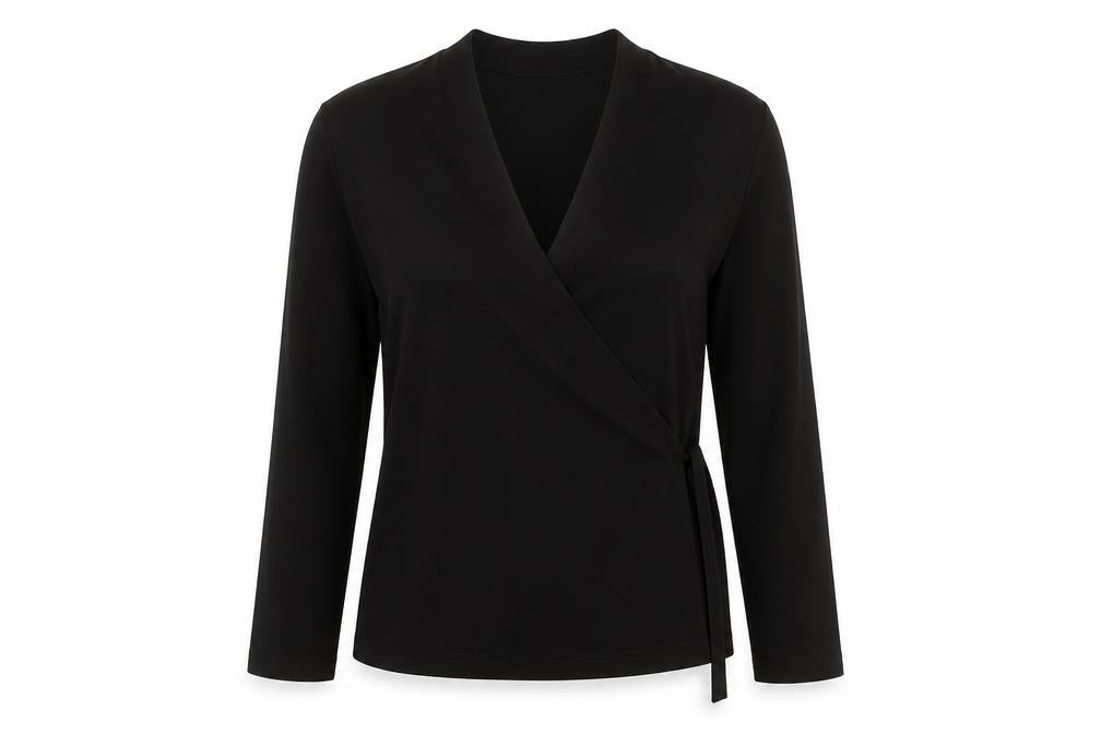 Front view of Basler Women's Black Wrap Top, size 8, Elegant Style