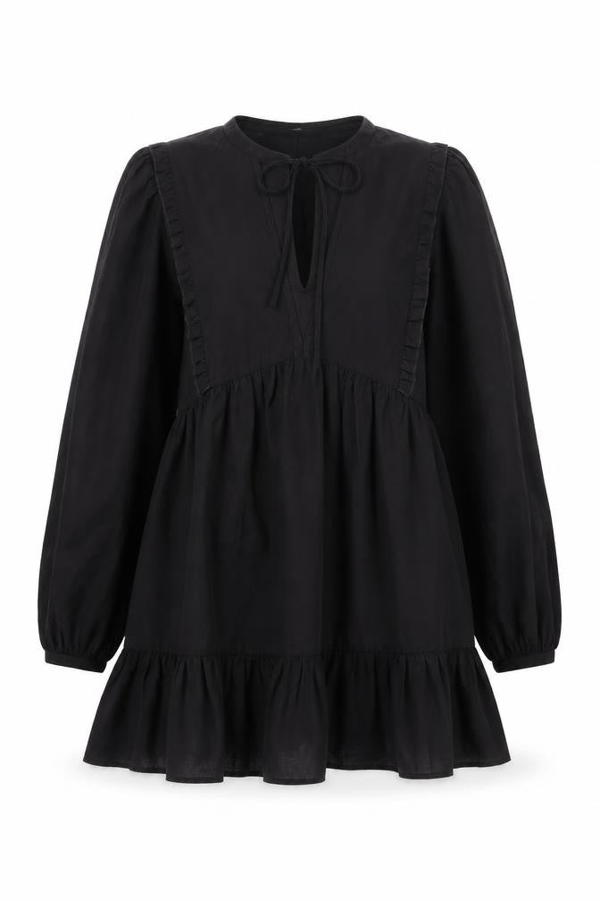 Front view of Zara Black V-Neck Puff Sleeve Dress XS