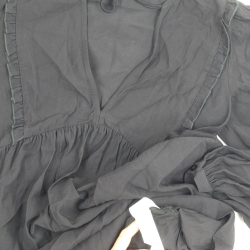 Zara Black V-Neck Puff Sleeve Dress XS