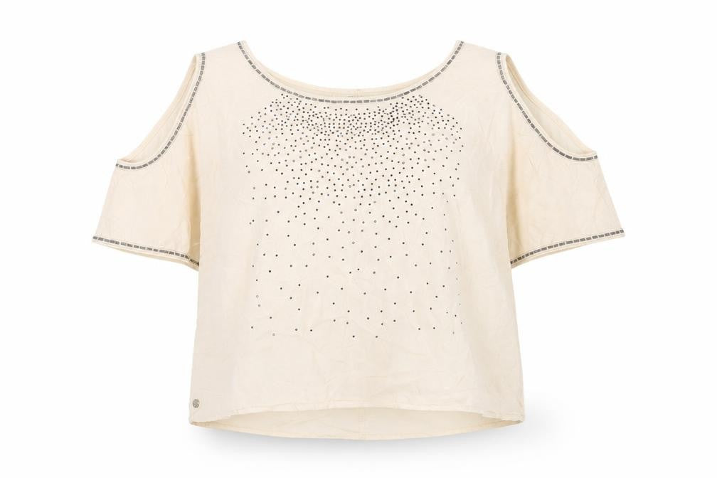 Front view of Rock & Revival Women's Beige Studded Cold Shoulder Top