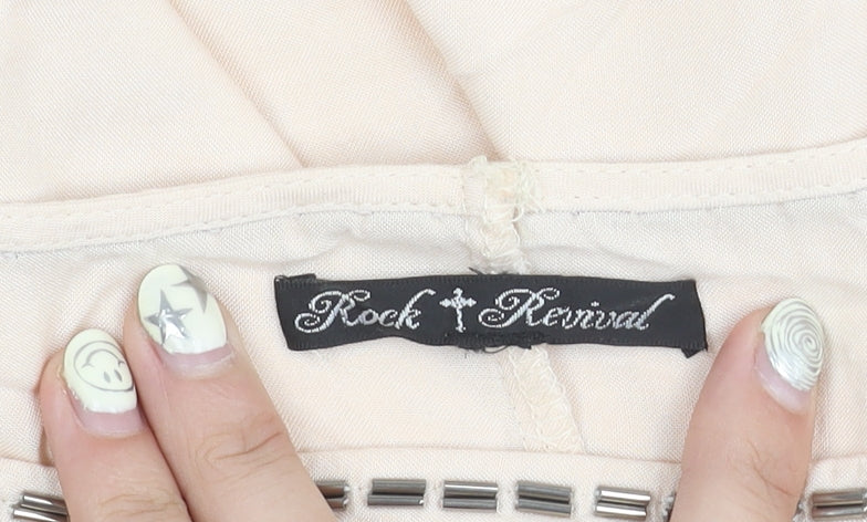 Rock & Revival Women's Beige Studded Cold Shoulder Top