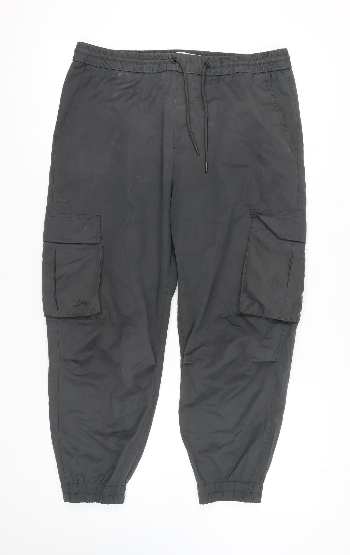 Zara Unisex Black Cargo Trousers, Size L, Elastic Waist