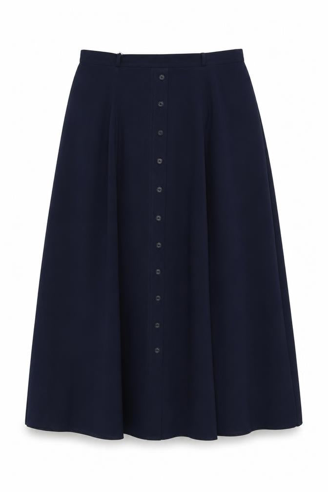 Front view of Nightingales Women's Blue A-Line Midi Skirt, size 14