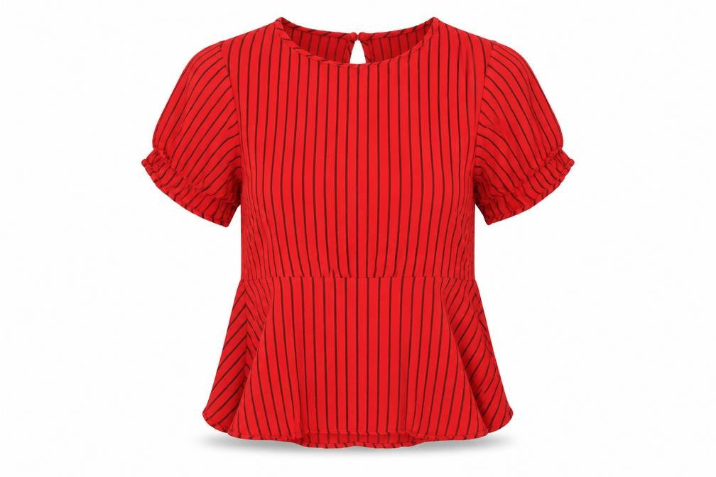 Front view of Zara Women's Red Striped Blouse, XS, Short Sleeve