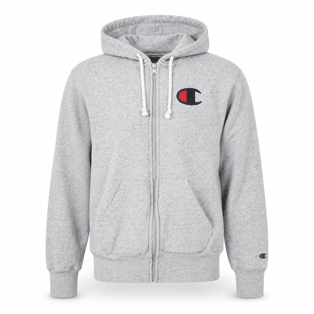 Front view of Champion Men's Grey Full Zip Hoodie, size S