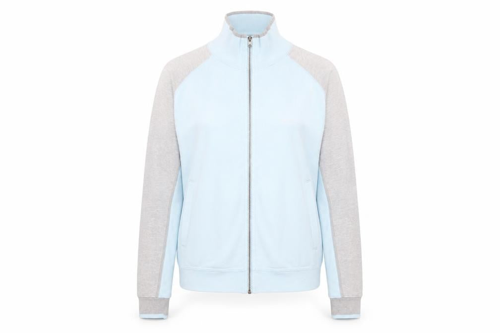 Front view of Champion unisex blue/grey track jacket m