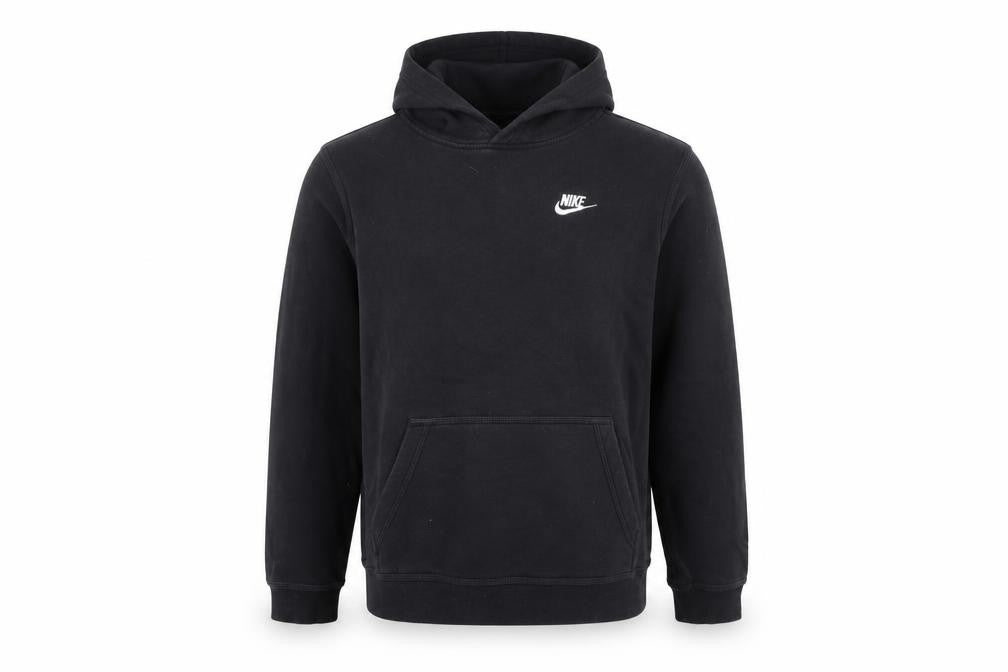 Front view of Nike boys’ black xl pullover hoodie with logo, casual comfort