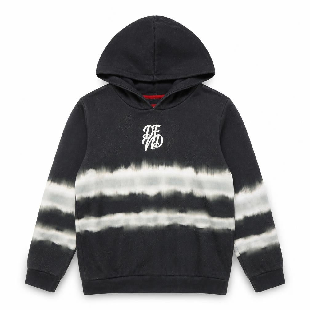 Front view of DFND boys’ black tie dye pullover hoodie in, size 13-14, years