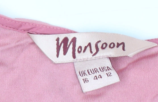 Monsoon Women's Pink Silk Blouse, Size 16, Ruffle Accent